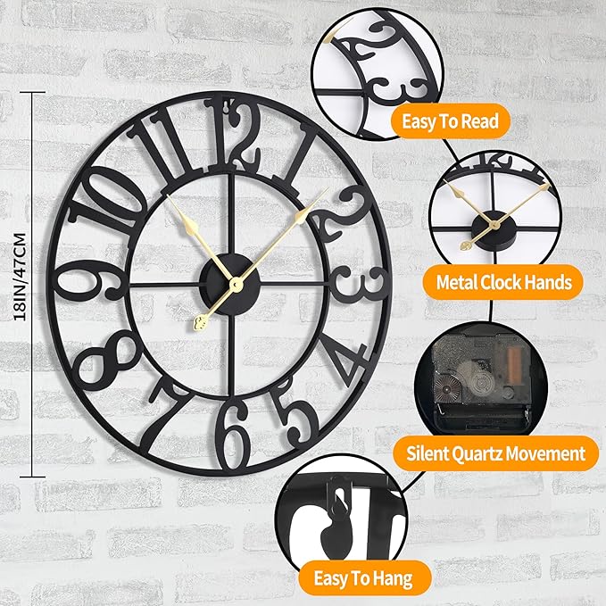 LEIKE Large Wall Clock, 18.5" Silent Non-Ticking, Battery Operated, Oversized, Decorative Retro Black Metal Clock for Living Room,Farmhouse, Dinner Room,Indoor, Outdoor(47cm, Black Arabic Number)