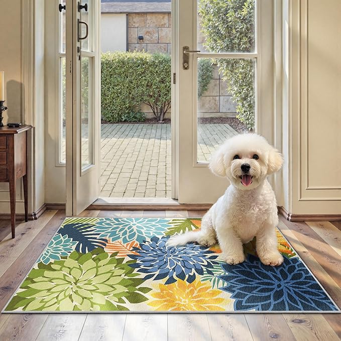 Area Rug 2x3 Yellow Green Washable Entry Small Rug Multicolored Tropical Botanical Modern Floral Indoor Kitchen Door Mat Entrance Carpet Non Slip for Bedroom Living Room, Porch