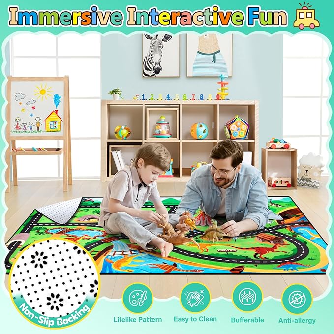 Kids Rug, Car Carpet for Kids' Toy Cars, 3x5 Ft Dinosaur Rug, Dino Safari Road Mat for Playroom, Educational Learning & Game Area Baby Play Mat Carpet for Children