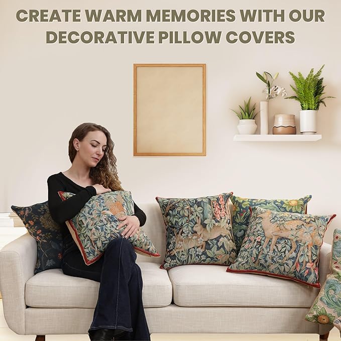 Charlotte Home Furnishings Decorative Tapestry Pillow Cover 14x14 in, Green Hares Couch Throw Pillow Cover, French Country Square Cushion Cases for Living Room Home Decor, Soft Cotton Jacquard Woven