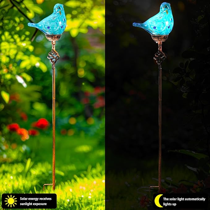 Decorative Solar Lights, Outdoor Solar Bird Stake Lights, Hand Blown Glass Decorative Garden Pathway Lights Outdoor Waterproof Glass Stakes (Light Blue)