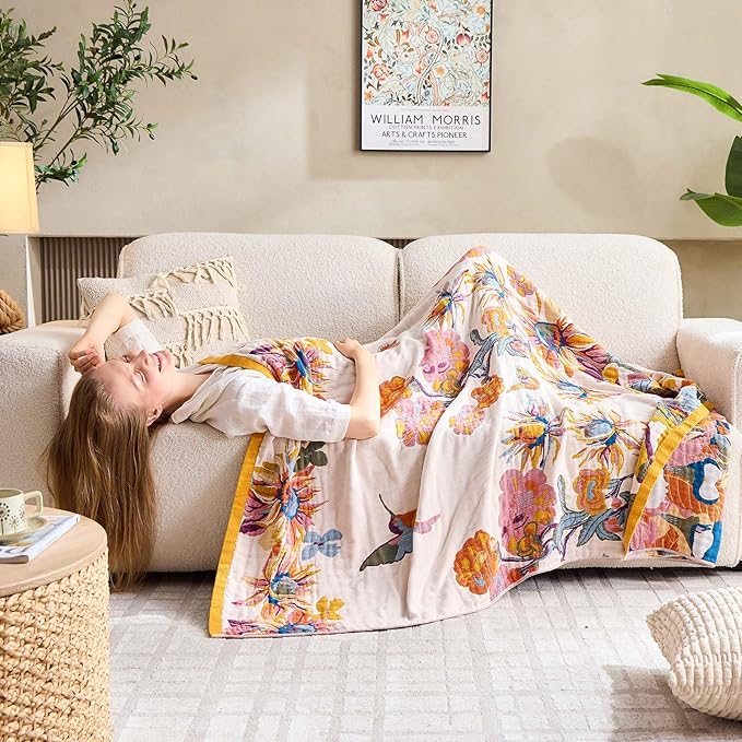 Boho Throw Blanket, 100% Cotton Ultra Soft Luxury Throw Rustic Quilt, 50"x60" Floral Bird Butterfly Farmhouse Decor Bed Blankets, All Season Rustic Reversible Bohemian Throw for Bed - Yellow