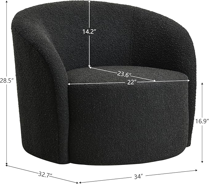 KINWELL Sherpa Swivel Barrel Chair & Round Ball Pillow Set - 34" Wide Modern Boucle Accent Chair with 9” Matching Nordic Decorative Throw Pillow for Living Room and Bedroom(Black)
