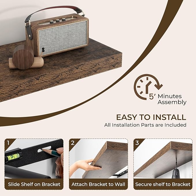 RICHFOCUS 72Inch Floating Shelves for Wall 2 Pack Shelves for Bedroom|Kitchen|Bathroom Wall Mounted Rustic Wood Floating Shelf with Invisible Brackets for Books|Storage|Decor, Rustic Brown