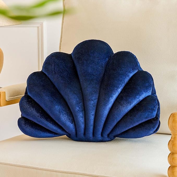 Navy Blue Seashell Throw Pillows, Shell Shaped Throw Pillows, 18 Inch Soft Velvet Home Decorative Pillow Plush Cushion for Bed Couch Living Sofa Room Decor Accent Throw Pillow