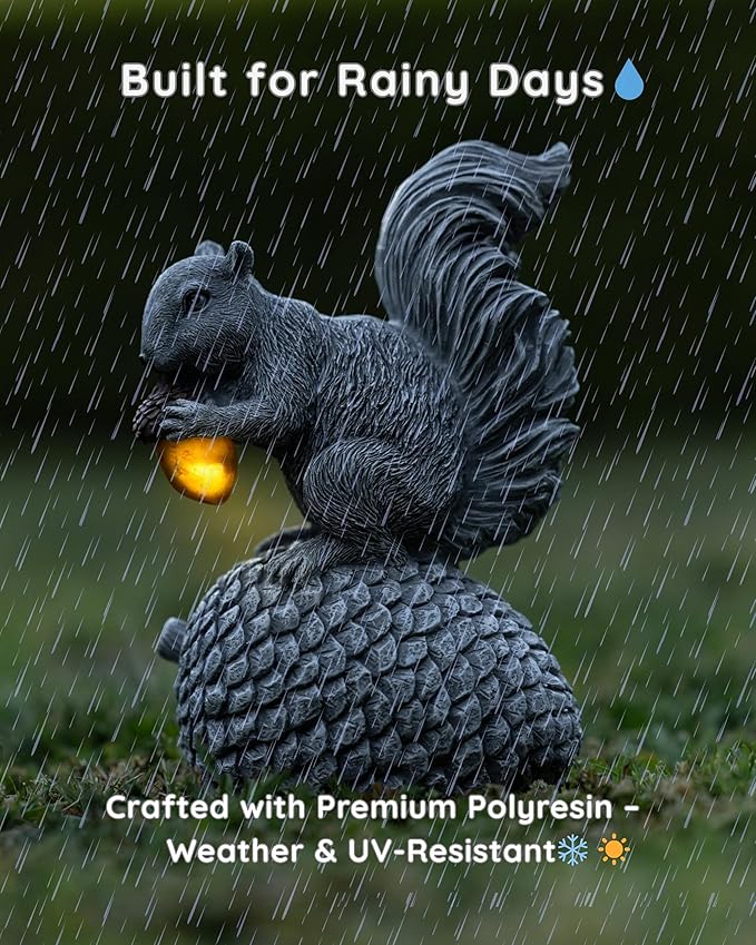 Solar Garden Statue – Hand-Painted Resin Squirrel on Pinecone with Glowing LED Acorn – Charming Yard, Patio & Balcony Decor – Gift for Mom, Grandma & Garden Lovers