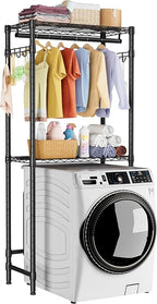 Over Washer and Dryer Shelves,2 Tier Adjustable Height Wire Shelving Laundry Room Storage Organization Clothes Drying Rack with Hanger Rod&Hooks,Space Saving Organizers Shelf,Black
