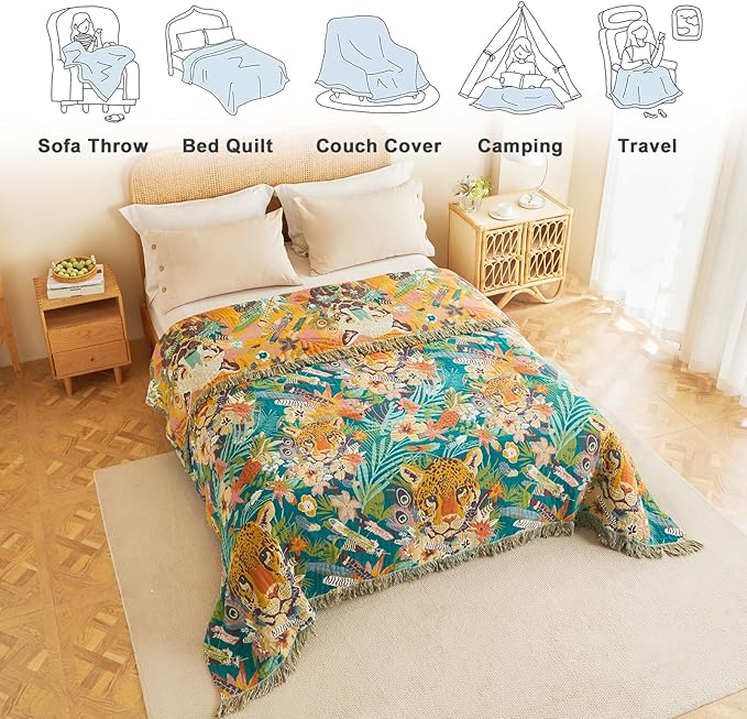 MSGKV Throw Blanket for Couch Bed Cotton Muslin Breathable Leopard Animals Twin Size Blanket 60"x80" for All Seasons Lightweight Farmhouse Blankets