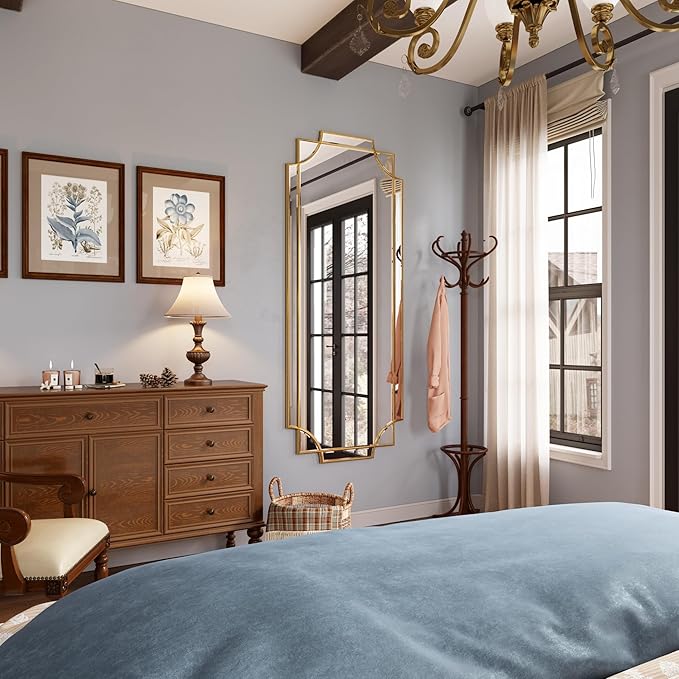 Kelly Miller Large Gold Full Length Mirror for Wall, 60"x30" Full Body Mirror Beveled Scalloped Modern Elegant Home Decor for Bedroom Living Room Bathroom Dressing Room Entryway Hallway