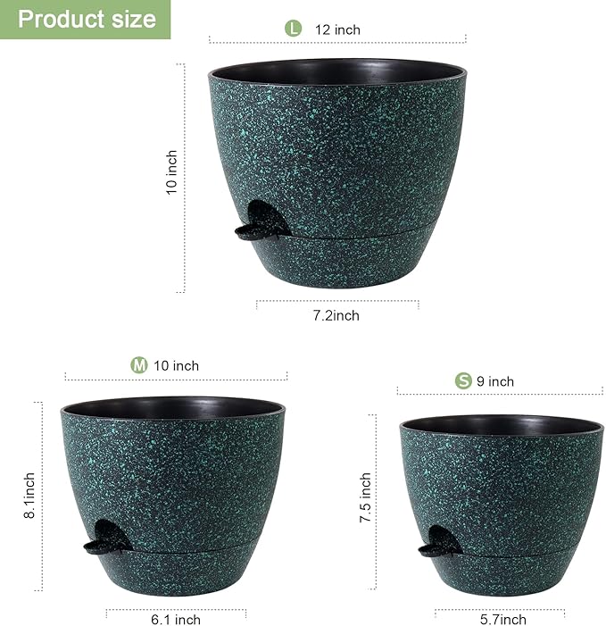 12/10/9 inch Large Self Watering Pots, Planter, Plant Pots with Mesh Drainage Holes for Indoor Outdoor Garden Plants, Plastic Flower Pots with Deep Reservoir, Black with Green Speckles