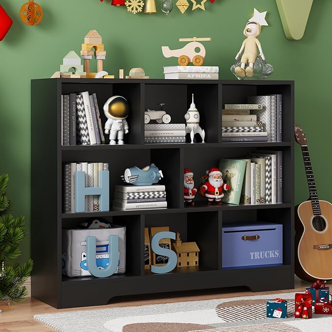 Book Shelf, 8 Cubes Storage Organizer, Freestanding Black Bookshelf Cube Shelf for Bedroom, Living Room, Home Office, 3-Tier Open Shelf Wooden Bookcase