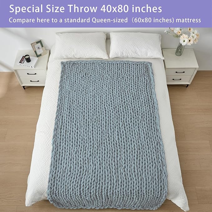 Bigacogo Chunky Knit Throw Blanket for Couch, 40x80 inches, 100% Hand Knitted with Thick Jumbo Chenille Yarn, Cozy Soft Large Rope Knot Cable Crochet Blankets for Sofa Bed Living Room, Dusty Blue