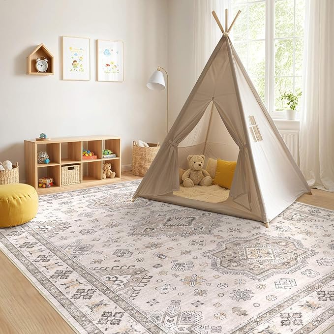 Washable Area Rugs for Living Room - 7x9 Neutral Vintage Distressed Floral Farmhouse Boho Large Soft Floor Rug Indoor Non Slip Carpet for Living Room Bedroom Dining Room Office - Beige Brown