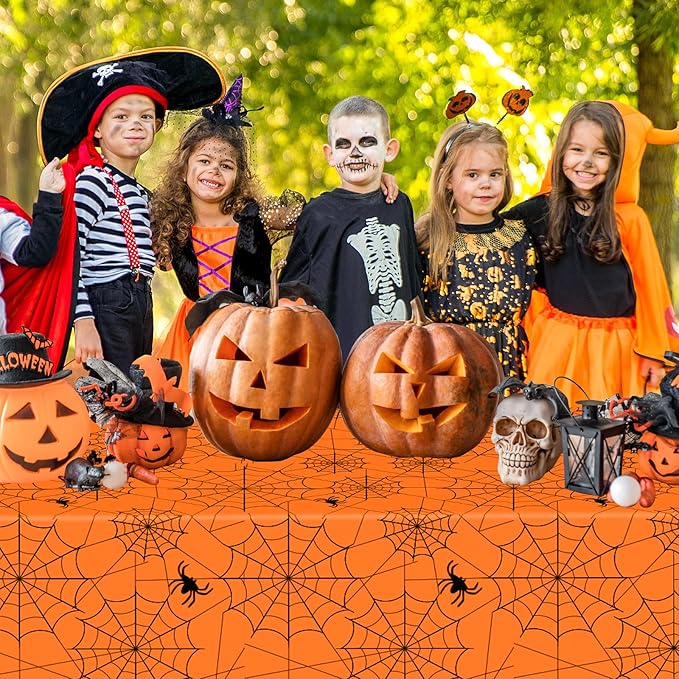 2 Pcs Halloween Tablecloth - Plastic Halloweens Spider Webs Table Cloth, Orange Disposable Rectangle Spiderweb Table Cover for Halloween Party Decorations Supplies Favors Tables Decor, 108 x 54 Inch