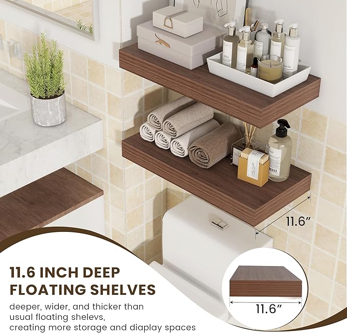 Floating Shelves for Wall - 24 Inch Wide x 12 Inch Deep Floating Shelves Set of 2-24W x 12D Wide Wall Shelf for Living Room Laundry Room Bedroom Kitchen Home Office