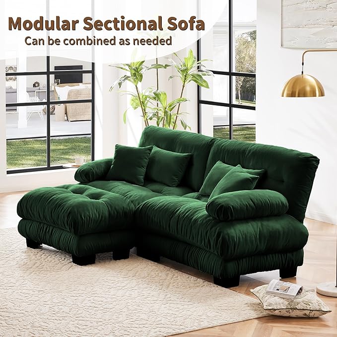 Modular Sectional Sofa, Comfy Cloud Couch Oversized Loveseat with Ottoman, Sectional Couches for Living Room, Modern Chenille L Shaped Couch, Sleeper Deep Seat Sofa with Throw Pillows, Green