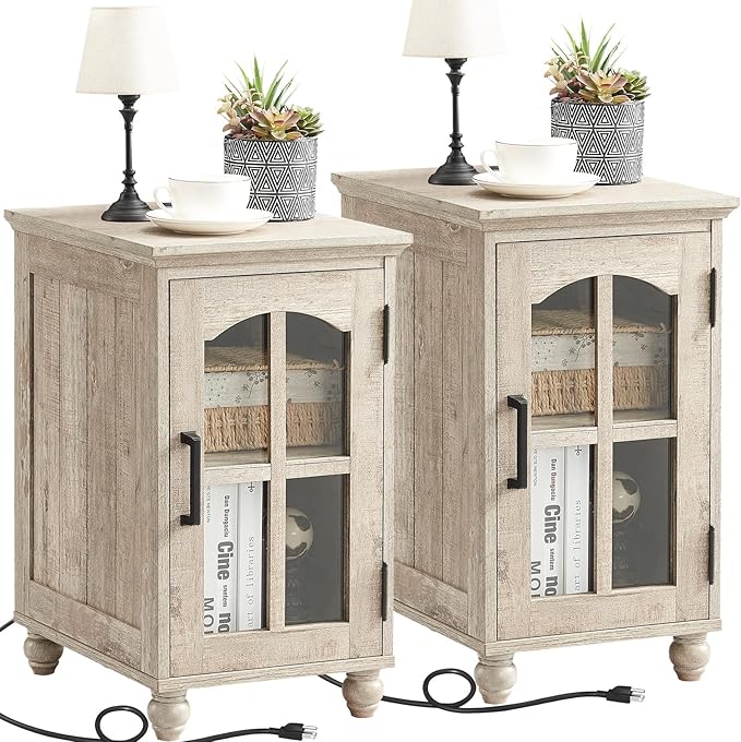 Narrow Side Table Set of 2,Farmhouse Nightstand with Charging Station,End Table with Glass Barn Door Storage, Cabinet Organizer with Adjustable Shelf, Night Stand for Small Spaces Living Room Bedroom