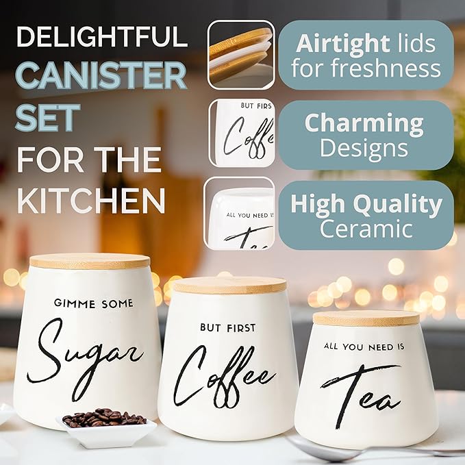 Coffee Tea and Sugar Ceramic Canister Set - 3-Piece Airtight Kitchen Canisters for Countertop - Coffee Bar Container Set