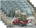 Red Truck Xmas Tree Snowman Christmas Placemats Set of 4 Winter Snowflake Vintage Farmhouse Rustic Place Mats 12x18 Inch Seasonal Christmas Holiday Washable Table Mats for Party Kitchen Dining Decor