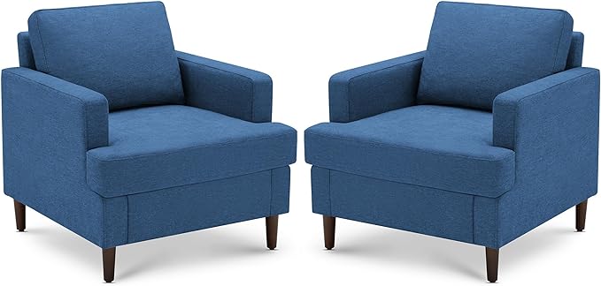 Mid-Century Accent Chair,Modern Linen Fabric Armchair for Living Room,Comfy Upholstered Reading Accent Chairs for Bedroom,Single Sofa Chair with Wood Legs (Blue, 2 Pack)