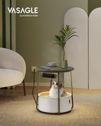 VASAGLE Side Table with Charging Station, Round End Table with Fabric Basket, LED Nightstand with Power Outlets, USB Ports, for Living Room, Bedroom, Modern, Forest Green and Cream White ULET227C01