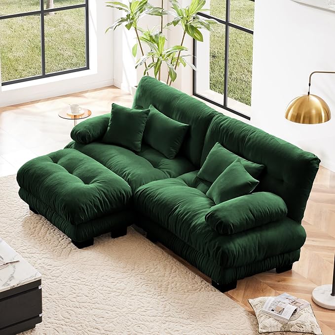 Modular Sectional Sofa, Comfy Cloud Couch Oversized Loveseat with Ottoman, Sectional Couches for Living Room, Modern Chenille L Shaped Couch, Sleeper Deep Seat Sofa with Throw Pillows, Green