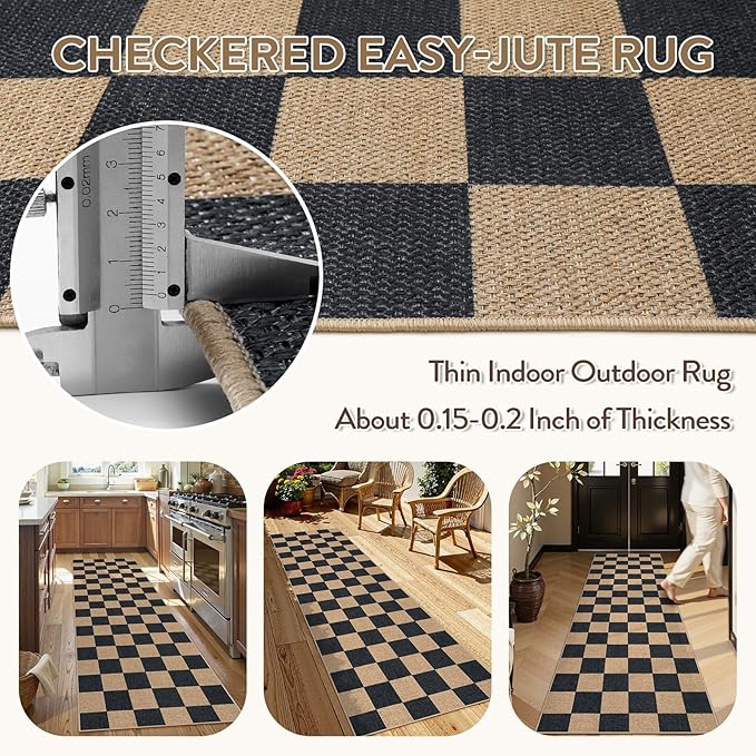 Lahome Checkered Easy Jute Runner Rug, 2x8 Kitchen Rug Non Slip Washable Outdoor Runner for Entryway Indoor, Checkerboard Black Indoor Outdoor Carpet for Hallway 8ft Entry