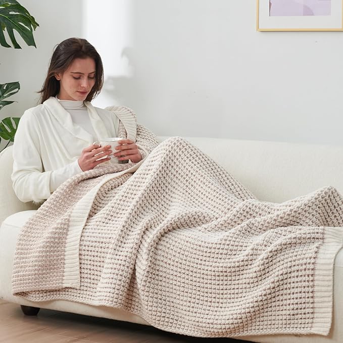 Amélie Home Chenille Waffle Throw Blanket for Couch, Reversible Pineapple Stitch Knit Soft Cozy Knit Blanket Lightweight Warm Decorative Throw for Sofa, Bed, Living Room, 50"x60", Beige&Ivory
