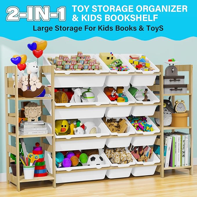 Toy Storage Organizer, with 4-Tier Toy Shelf and 12 Bins, Kids Bookshelf and Toy Storage with 6 Shelves for Kids Room Bedroom Playroom Nursery Room