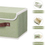 ANMINY 4PCS Storage Bins with Lid PU Leather Handles Storage Boxes PP Plastic Board Decorative Foldable Lidded Cotton Linen Fabric Home Cubes Baskets Closet Organizer Containers - Green, Small Size