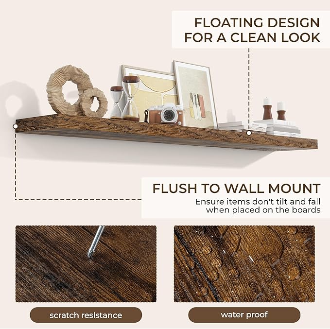 RICHFOCUS 72Inch Floating Shelves for Wall 2 Pack Shelves for Bedroom|Kitchen|Bathroom Wall Mounted Rustic Wood Floating Shelf with Invisible Brackets for Books|Storage|Decor, Rustic Brown