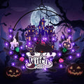 Lighted Halloween Wreaths for Front Door, Welcome Metal Wooden Door Wreath Decor Hanging Sign, 30 LED Lighted Wall Decor Battery Operated for Halloween Indoor Outdoor (Witch)