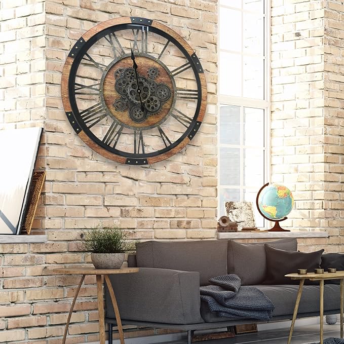 27 inch Large Real Moving Gears Wall Clock with Toughened Glass Cover, Oversized Vintage Solid Wood Farmhouse Clock, Giant Decorative Rustic Wall Clock for Living Room Home Kitchen Office (Brown)