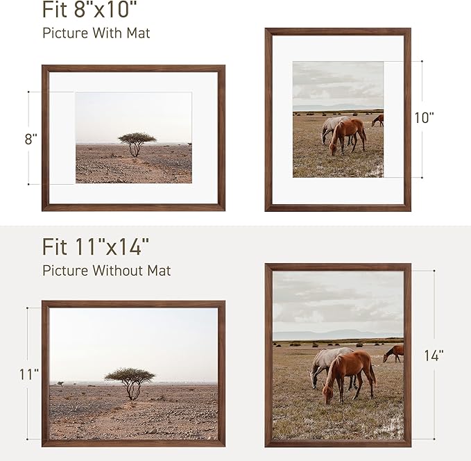 11x14 Picture Frame Set of 4 Natural Solid Walnut Photo Frames with 8x10 Removable Mat Wall Hanging Large Handcrafted Frame with HD Plexiglass Wall and Tabletop Display Large Poster Frame