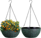 10inch Hanging Planters for Outdoor Indoor Plants with Drainage Holes and Chain, 2 Pack Round Hanging Flower Pots for Garden Home Porch Decor, Black with Green Speckles
