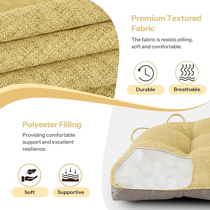 Non Slip Chair Cushions for Dining Chairs Set of 4 Kitchen Chair Cushions 18"x18"x3" Turfted Chair Pads Comfortable and Soft Seat Cushion with Ties, Yellow