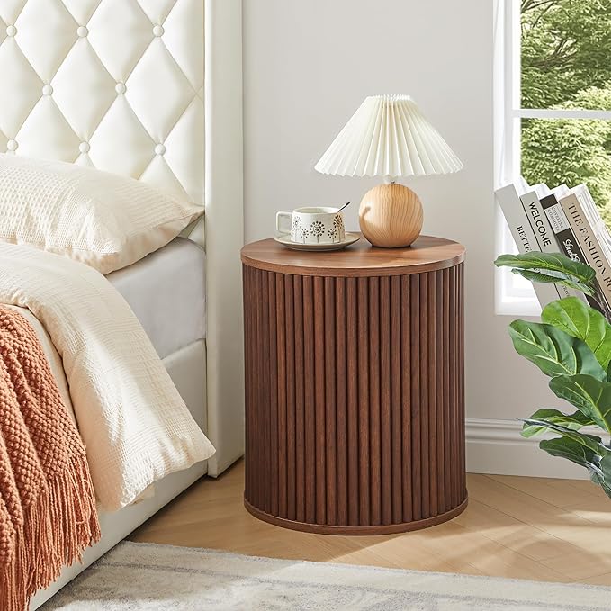 AVZEAR Fluted Round Side Table with Storage, Small Mid Century End Table Fluted Nightstands, Modern Circle Bedside Tables Wood Night Stand for Small Spaces, Living Room, Bedroom (Rustic Walnut)