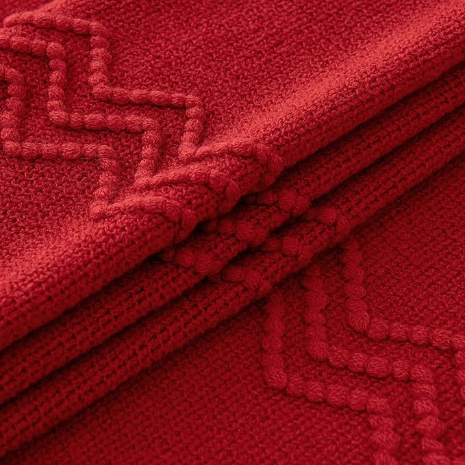 MIULEE Red Knitted Throw Blanket for Couch Boho Textured Cozy Woven Blanket with Tassels for Sofa Chair Bed Living Room Acrylic Wave Pattern 60"x80"