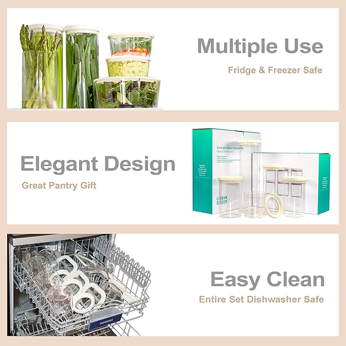 Urban Green Glass Food Storage Jar with Glass Lid, Food Canister Set with Airtight Lids, Pantry Jar for Kitchen Organization. Food Storage Container Set in 6 pack of 26oz