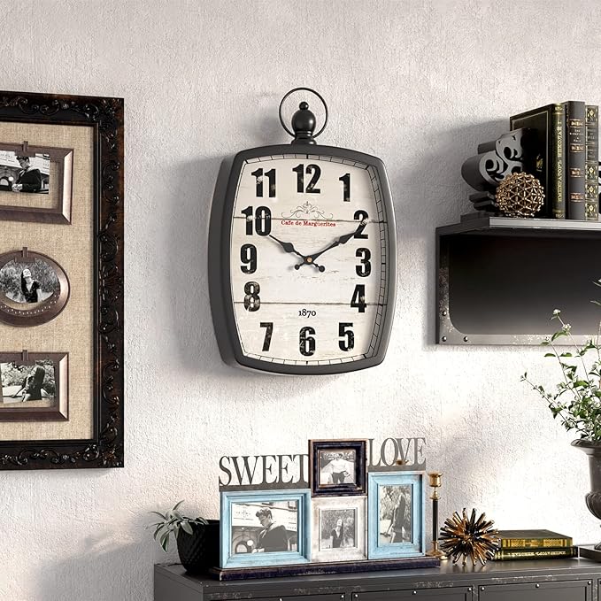 Menterry Rectangle Retro Large Wall Clock, Old-Fashioned Vintage Design, Black Antique Style, Battery Operated Silent Decor Wall Clocks for Farmhouse,Kitchen,Office (15.5" H x 10.2" W)