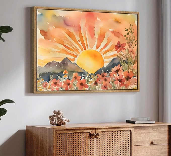 Framed Boho Sun Canvas Wall art Mid-Century Modern Abstract Bohemian Sunset in The Mountains Watercolor Wildflowers Sunrise Landscape Picture Wall Decor Poster Print Artwork for Living Room