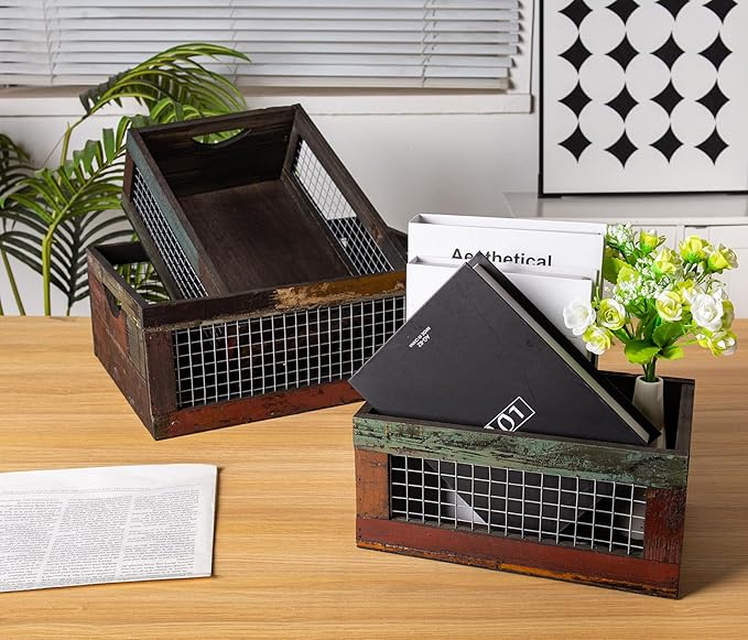 TIMRIS Set of 3 Rustic Wood Nesting Crates, Farmhouse Distressed Wooden Storage Boxes, Decorative Reclaimed Wood Organizer Baskets with Wire Mesh (Random)