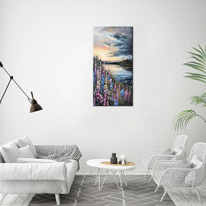 LASMOND Beautiful Colorful Grassland by Riverbank Landscape Wall Art Decor Artwork for Bedroom (24x48 Inches)