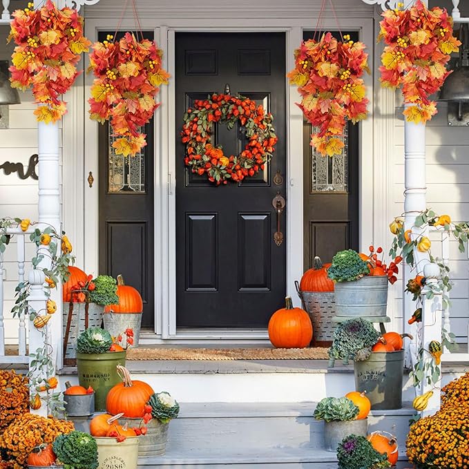 RECUTMS Fall Leaves Hanging Plant Artificial Fall Leaves Garland with Berry Fake Autumn Wall Hanging Leaf Vines for Home Halloween Party Door Frame Fireplace Decoration(Orange with Berry)