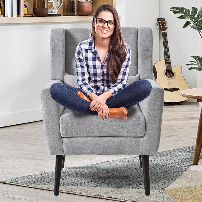 Accent Chair Set of 2, Upholstered Armchair with Pillow, Fabric Single Sofa Chair with Lounge Seat and Wood Legs Accent Chair for Living Room Small Spaces (Grey, Set of 2)