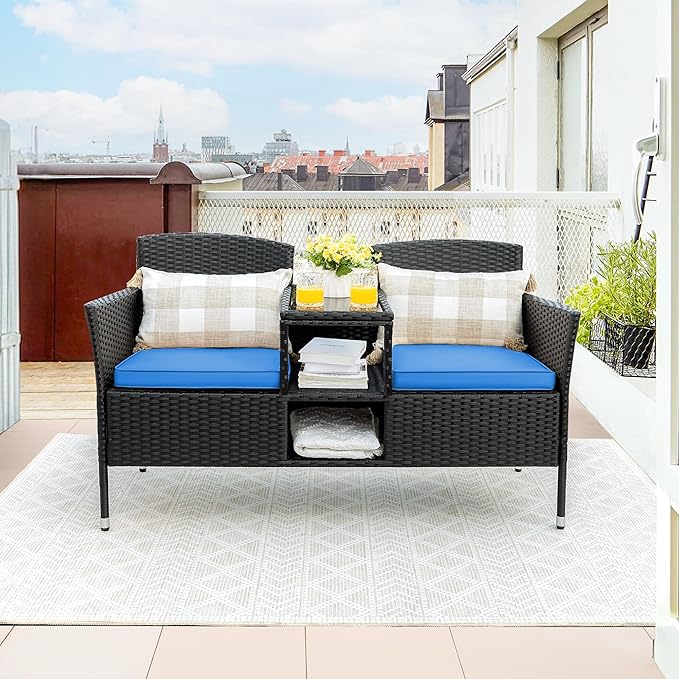 Flamaker Outdoor Furniture Patio Loveseat Wicker 2-Seat with Built-in Table and Cushions Rattan Porch Chairs Bench for Balcony, Lawn, Backyard (Blue)