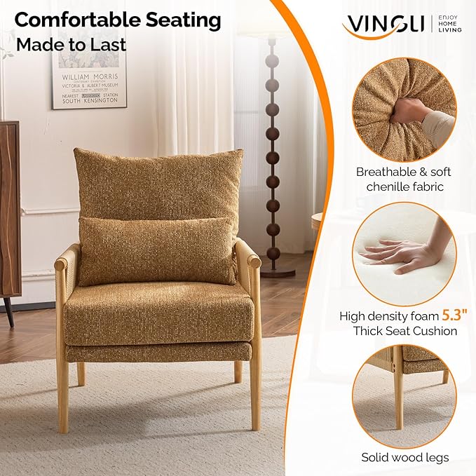 VINGLI Boho Braid Accent Armchair,Mid-Century Modern Chiar with Solid Wooden Armrest,Comfy Louge Cushion Chair with Waist Pillow for Bedroom,Living Room,Reading Room, Khaki