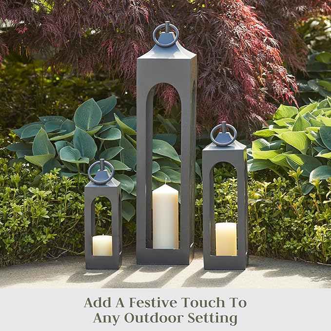 Medium Black Lantern, Rustic Metal Decorative Lantern, Candle Holder for Indoor & Outdoor, Home Decor for Patio, Garden & Tabletop, Hanging Lantern for Parties & Weddings