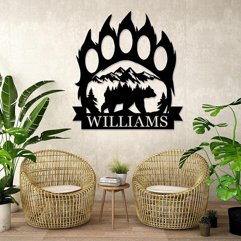 Personalized Bear Paw Metal Wall Decor, Rustic Forest Bear Wilderness Sign, Forest for Living Room Indoor Decor, Rustic Cabin Hunting Bear Paw Signs
