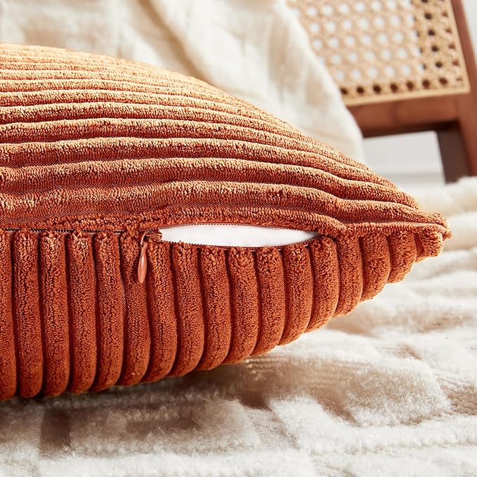Fancy Homi Set of 2 Burnt Orange Decorative Throw Pillow Covers 20x20 Inch for Living Room Couch Bed, Boho Farmhouse Fall Home Decor, Soft Corss Corduroy Patchwork Textured Cushion Case 50x50 cm